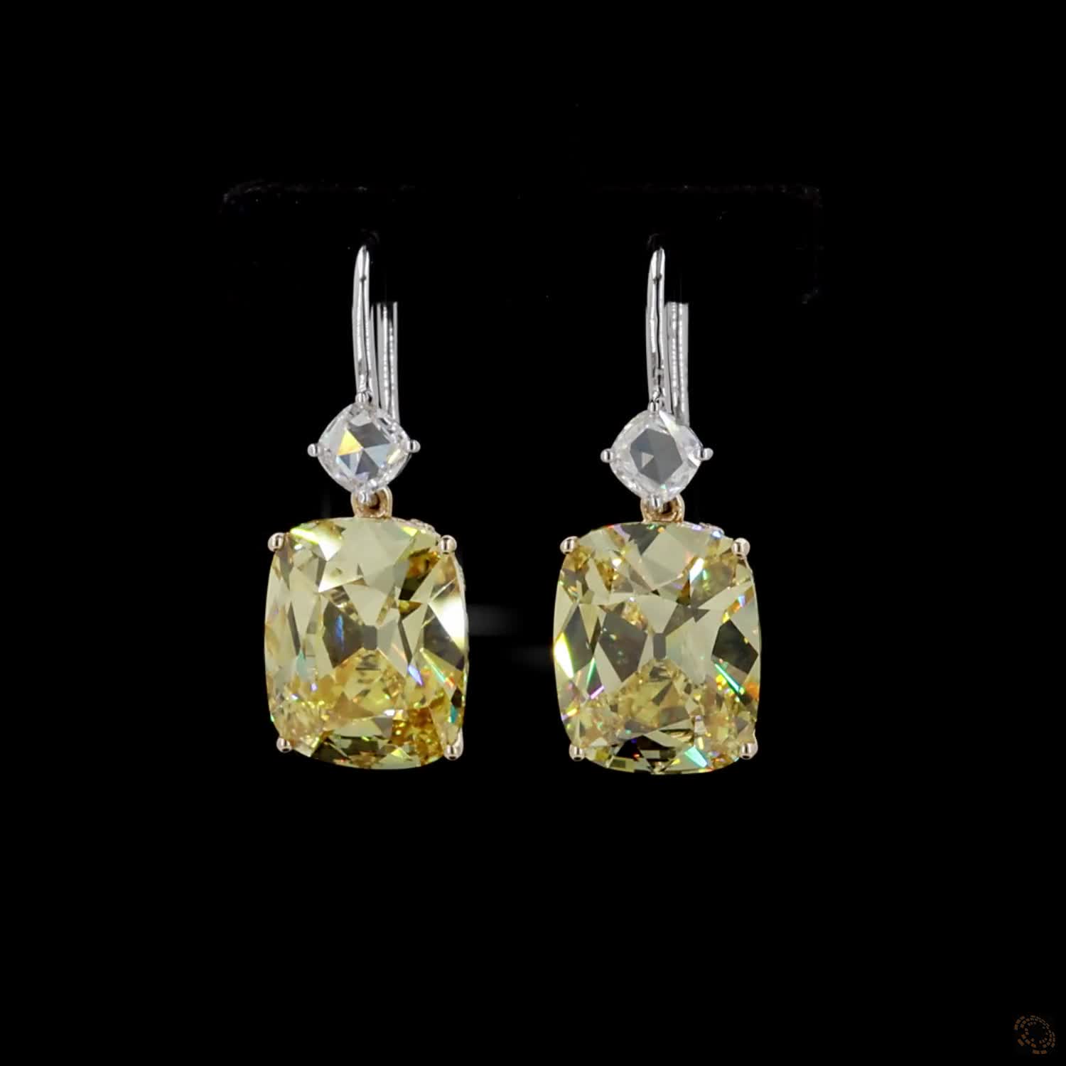 15.01 ct. Yellow Old Mine Cushion Lab Diamond Earrings