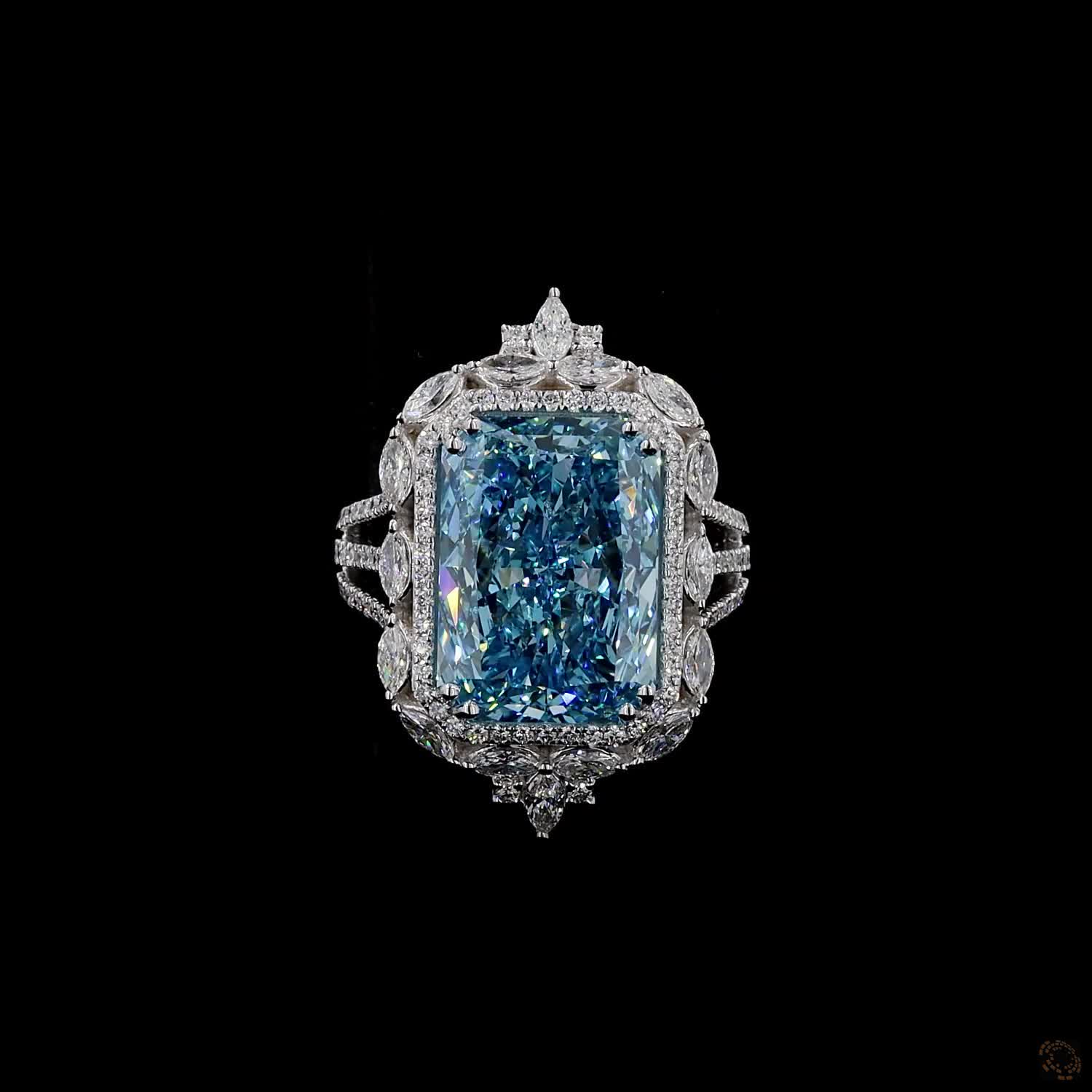 10.12 ct. Blue Radiant Lab Diamond Halo Ring