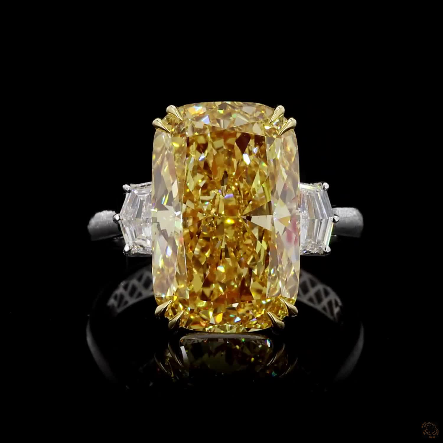 10.13 ct. Yellow Cushion Lab Diamond Three-Stone Ring