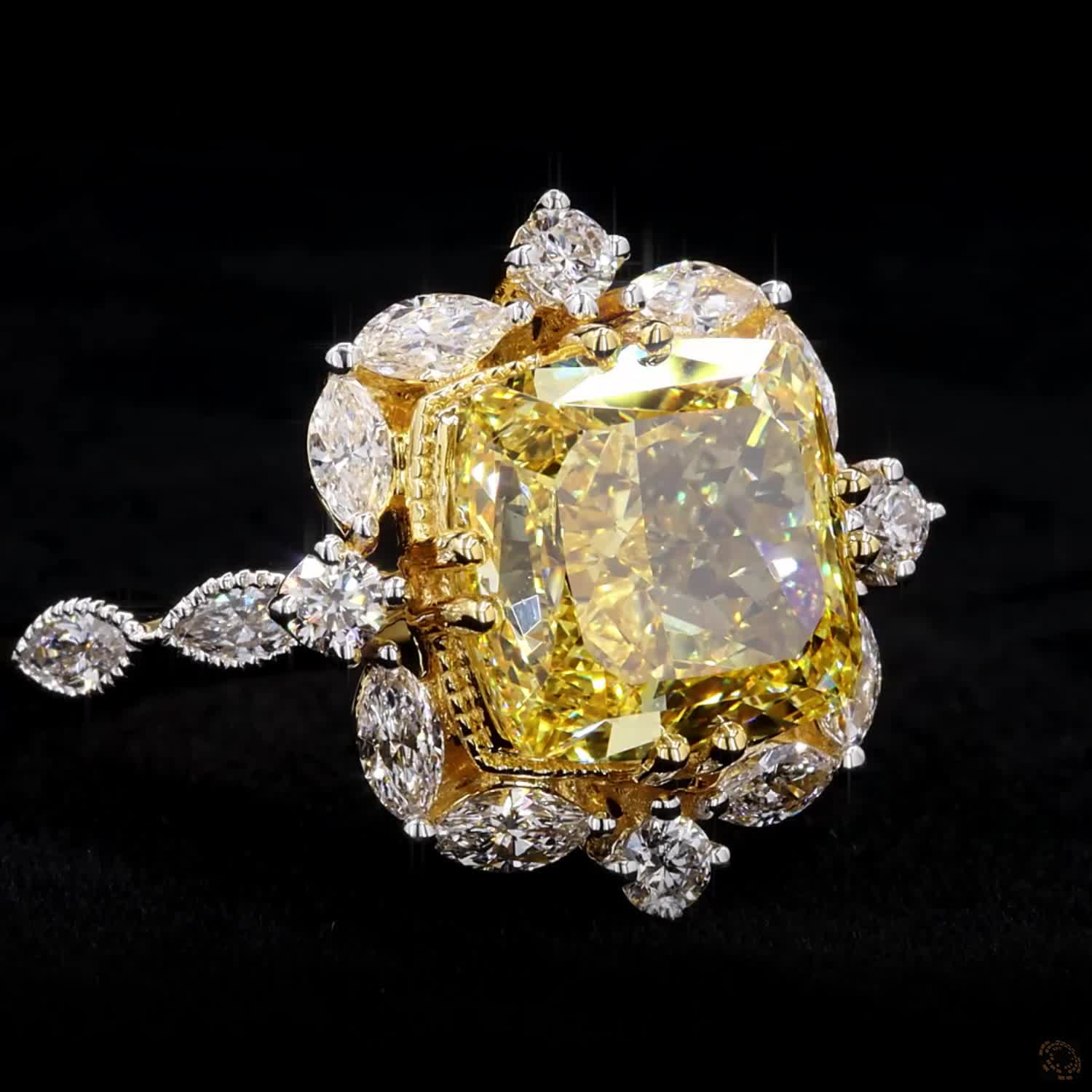 6.05 ct. Yellow Square Cushion Lab Diamond Halo Ring