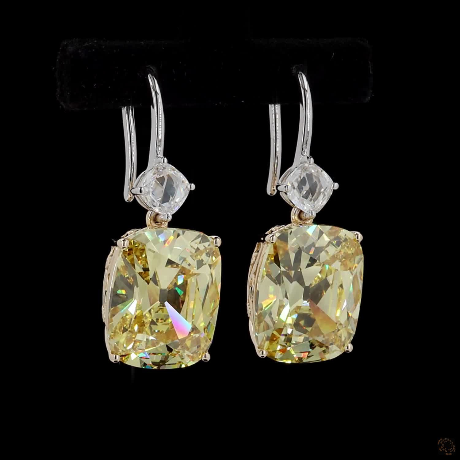 15.01 ct. Yellow Old Mine Cushion Lab Diamond Earrings