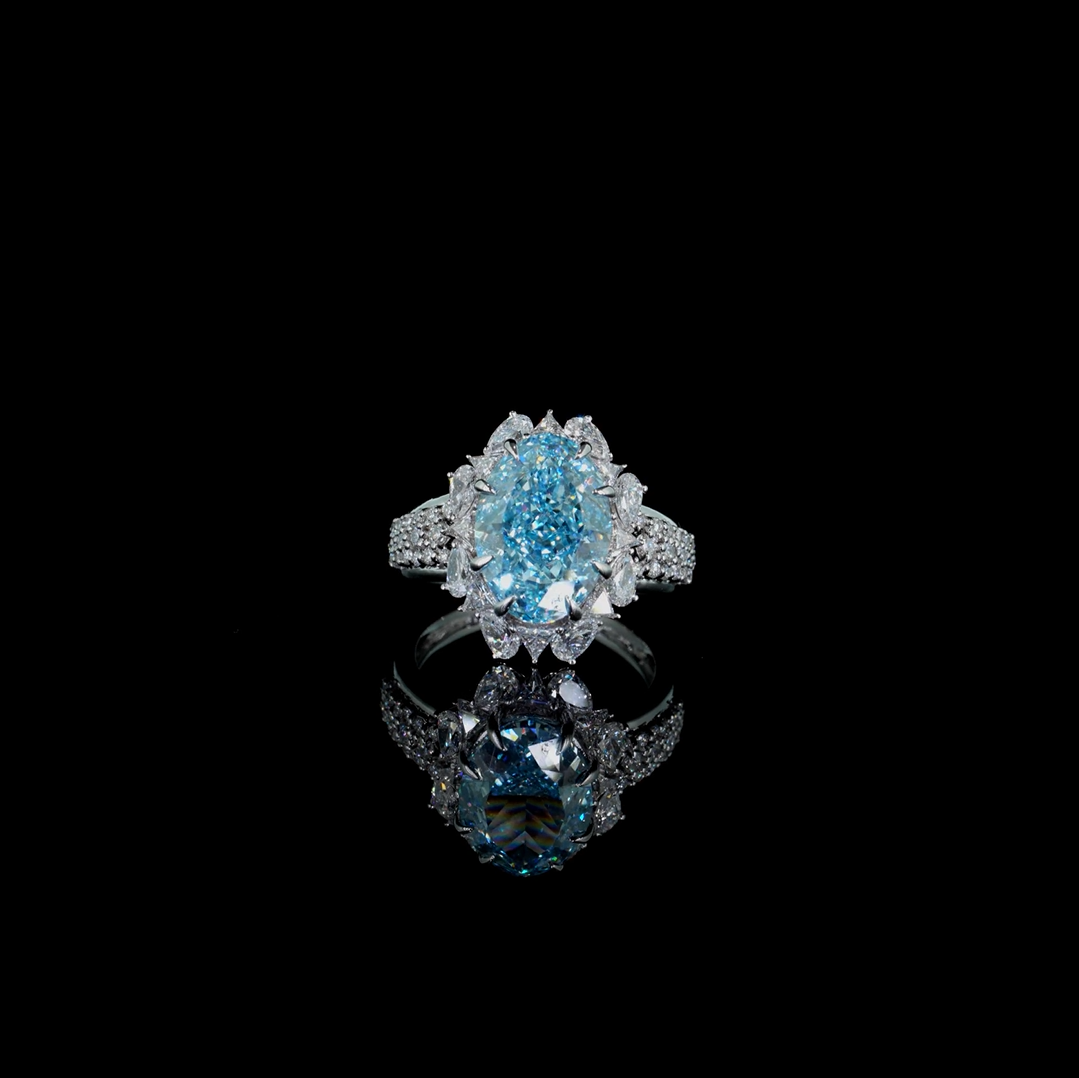 6.52 ct. Blue Oval Lab Diamond Halo Ring