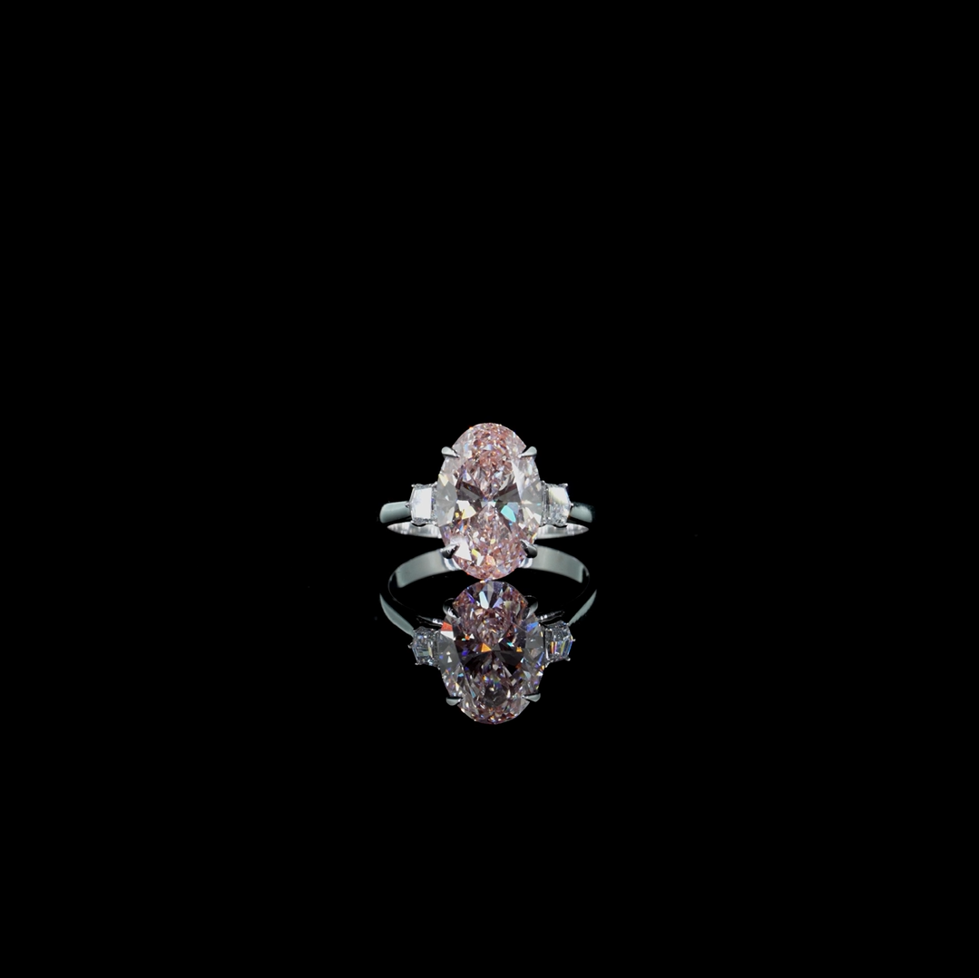 4.06 ct. Pink Oval Lab Diamond Three-Stone Ring