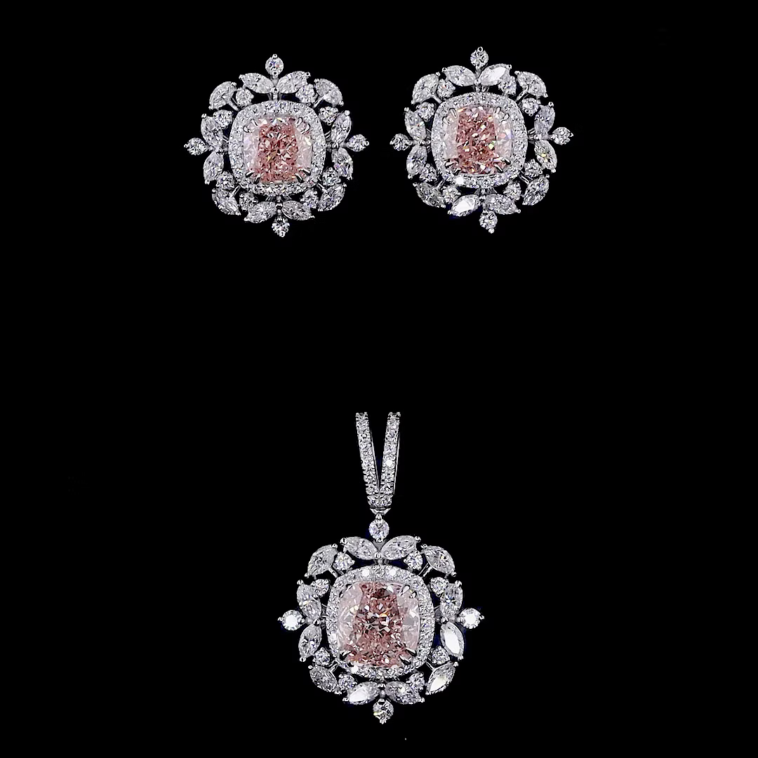 Pink Lab Diamond Halo Earrings and Pendant